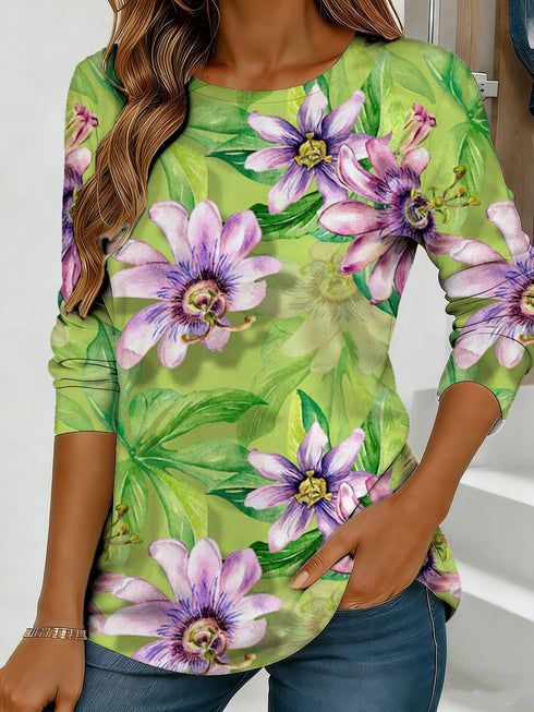 Women's Floral Print Long-Sleeved Loose-Fit Top