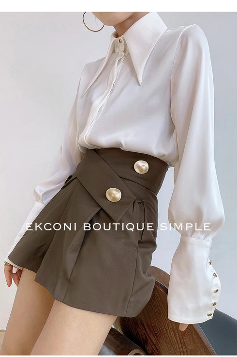 Elegant Satin Silk Blouse with Turn Down Collar