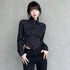 Zadily Long Sleeve Button-Up Crop Top in Black