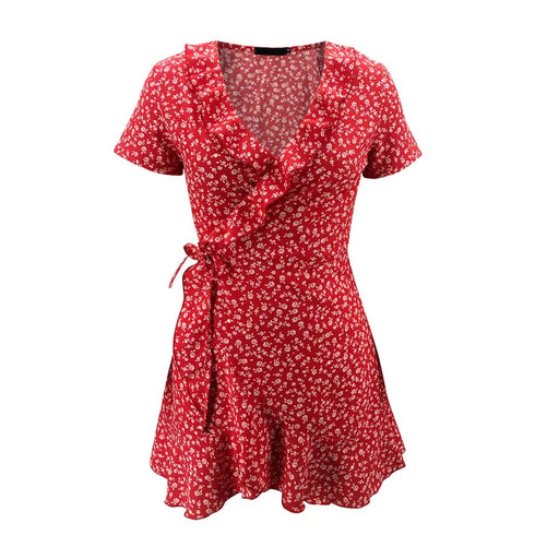Floral A-Line Mini Dress with Ruffles and V-Neck