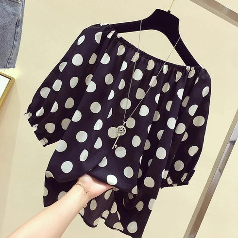 Casual Polka Dot Loose Blouse with Slash Neck