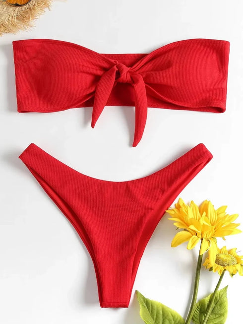 Women's Low Waisted Thong Bikini Bottoms - Red & White