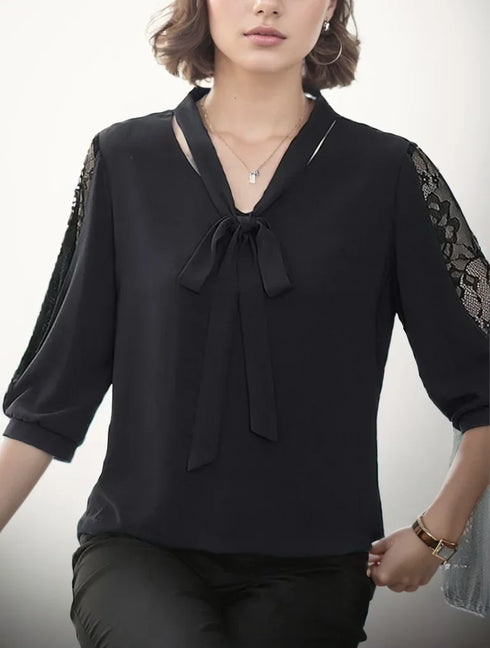 Casual Bow Tie Collar Blouse with Lace Sleeves