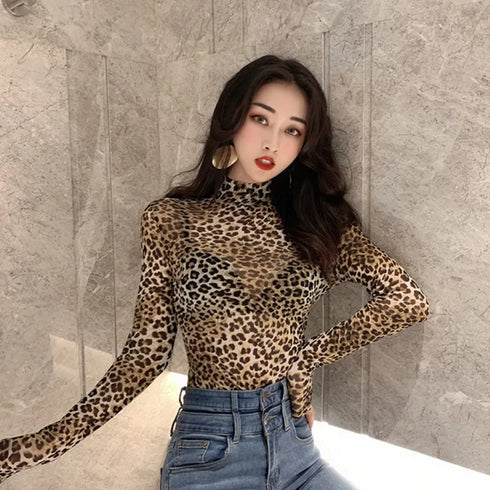 Women’s Leopard Print Turtleneck Long Sleeve Top