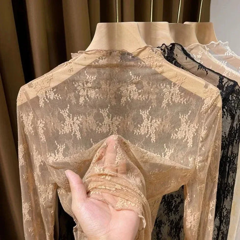 Floral Lace Turtleneck Blouse for Women