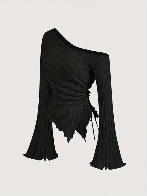 Women's V-neck plain-color drawstring casual comfortable large-size T-shirt