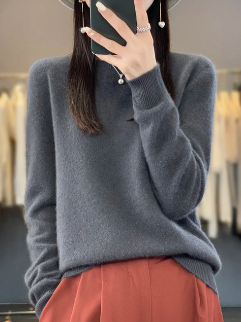 Women 100% Pure Merino Wool O-Neck Sweater