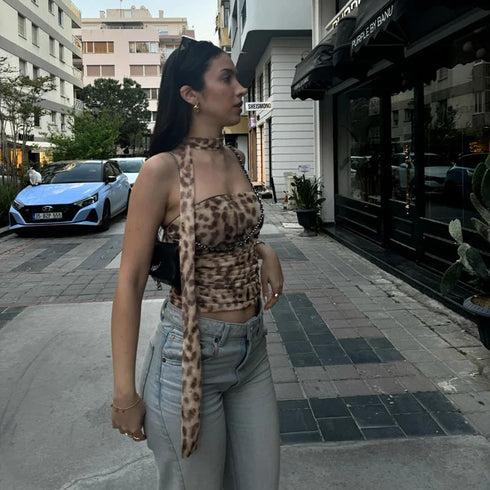 Leopard Print Tulle Off-the-Shoulder Top