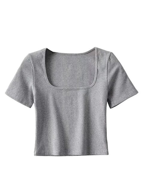 Square Neck Rib Crop T-shirt for Summer Casual Wear