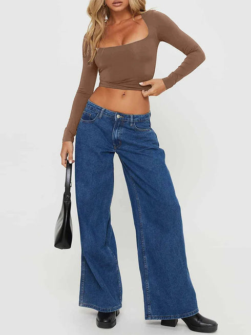 Women's Slim Fit Crop Tops Fashion Long Sleeve Square Neck Solid Color Pullover Basic T-Shirt Dressy Blouses 2024 New Streetwear