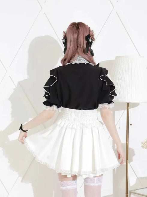 Noemi Inspired Ruffle Bow Top - Japanese Dark Femme Off-Shoulder Blouse, Lace Trim Bell Sleeve Shirt for Yami Kawaii & Lolita