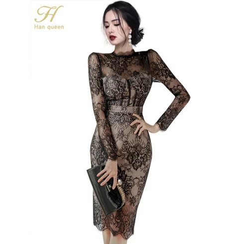 H Han Queen Autumn See Through Lace Pencil Dress Elegant Women