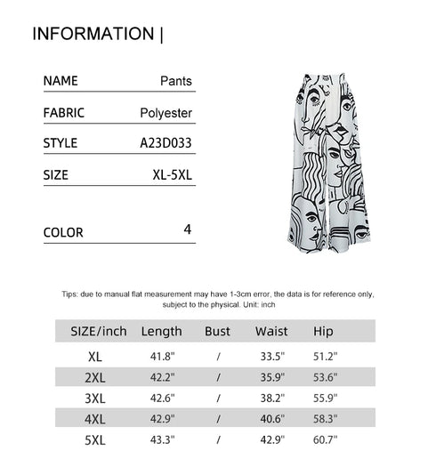 Plus Size Wide Leg Casual Trousers with Print Design