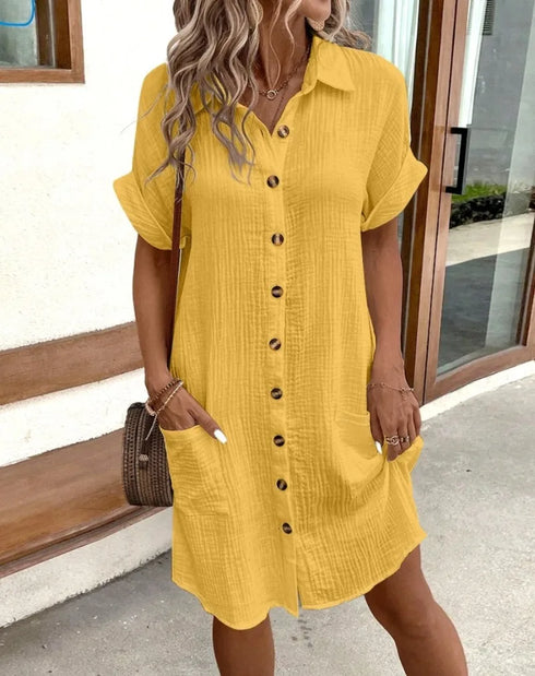 Women's Summer Casual V-Neck Button Up Dress Knee Length Short Sleeve Linen Cotton Loose Fit for Women