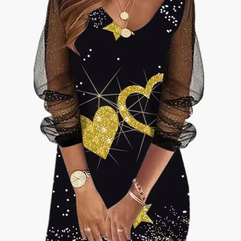 Autumn V-neck Heart Print Butterfly Long Sleeve Dress