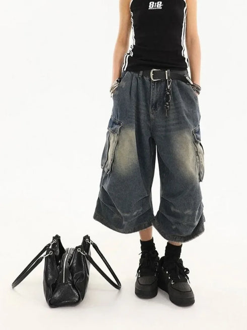High Waist Vintage Blue Denim Cargo Pants