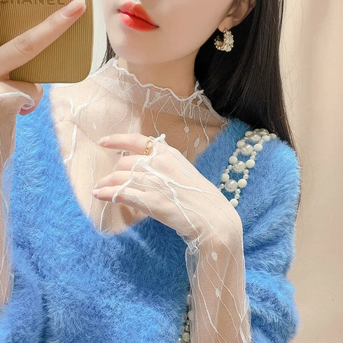 Sheer Lace Long Sleeve Turtleneck Top for Women