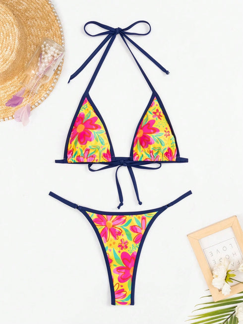 Floral Lace-Up Bikini Set for Women