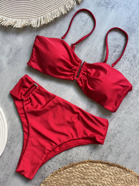Push Up Bandeau Bikini Set in Olive Green