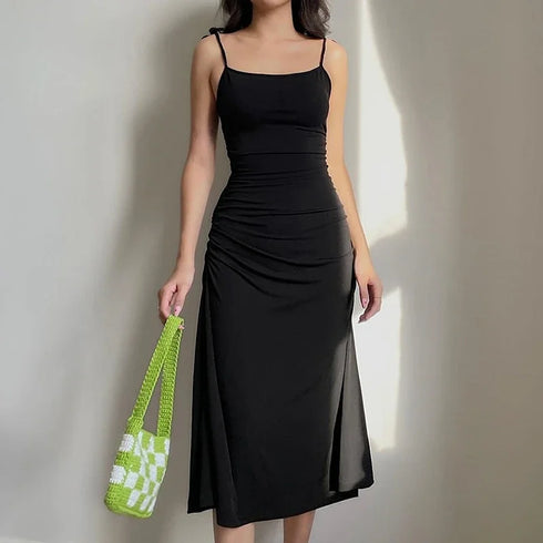 Elegant Black Backless Ruched Dress