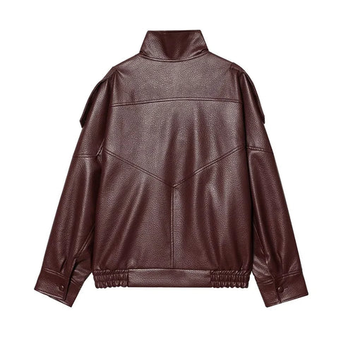 MUJER Black Faux Leather Bomber Jacket for Women