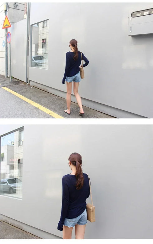Casual Long Sleeve T-Shirt in Blue and Navy