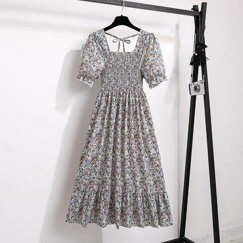 Floral A-Line Chiffon Dress with Short Sleeves