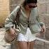 Green Linen Lace Up Long Sleeve V Neck Shirt for Women