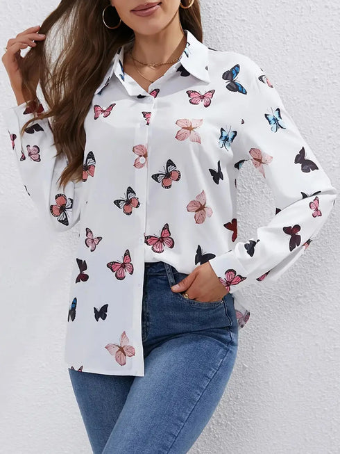 Women's Long-Sleeved Butterfly Print Loose Shirt