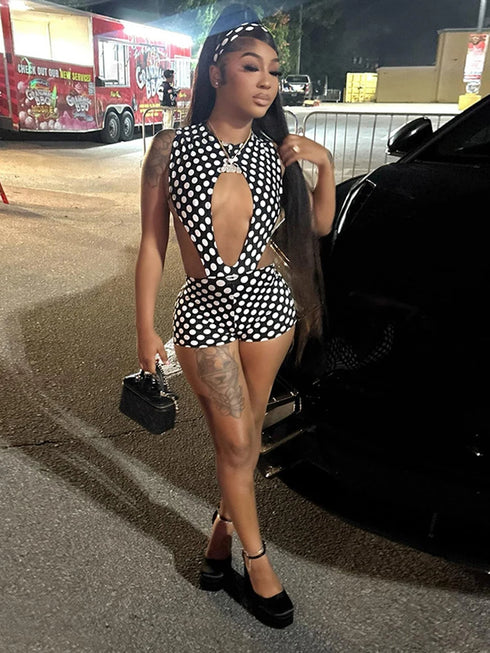 Polka Dot Print Bodysuit and Peach Shorts Set