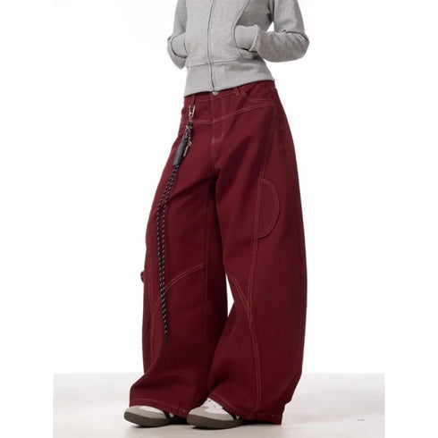 Red Cargo Pants for Women - Wide Leg Casual Trousers