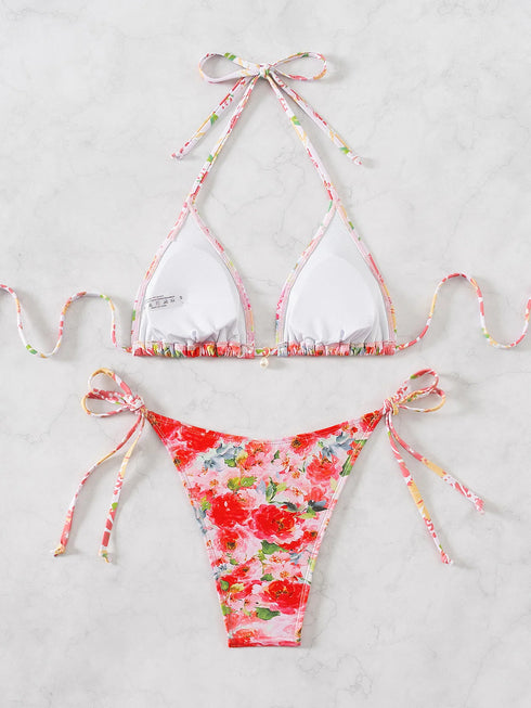 Floral Print Triangle Bikini Set with Brazilian Bottoms