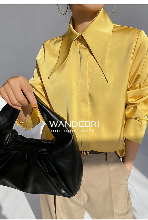 Elegant Satin Silk Blouse with Turn Down Collar