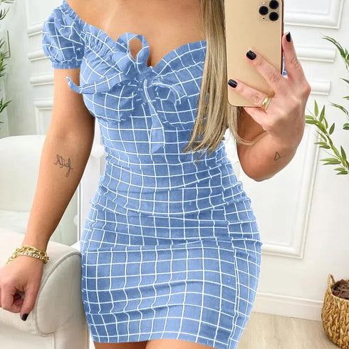 Summer Plaid Mini Dress with Slash Neck