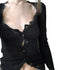 New Women´s Crop Tops, Long Sleeve Solid Color Jagged V Neck Lace Hem Button Down Slim Fit Shirt