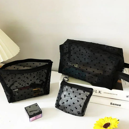 Heart Shaped Nylon Mesh Cosmetic Bag
