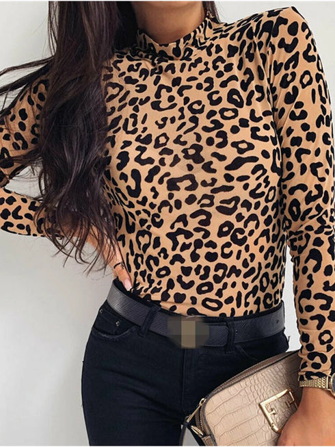 Leopard Print Turtleneck Long Sleeve Top