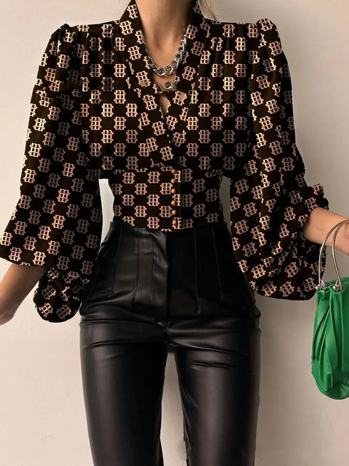 Elegant Lantern Sleeve V-Neck Blouse