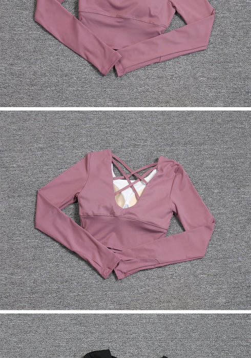 Women's hollow-out back with a built-in bra, long-sleeved yoga top, quick-drying, one-piece bra, pil training fitness suit.