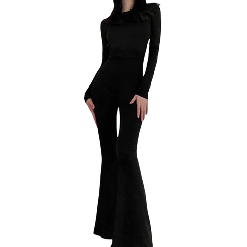 Women’s Black Flare Leg Jumpsuit with Long Sleeves