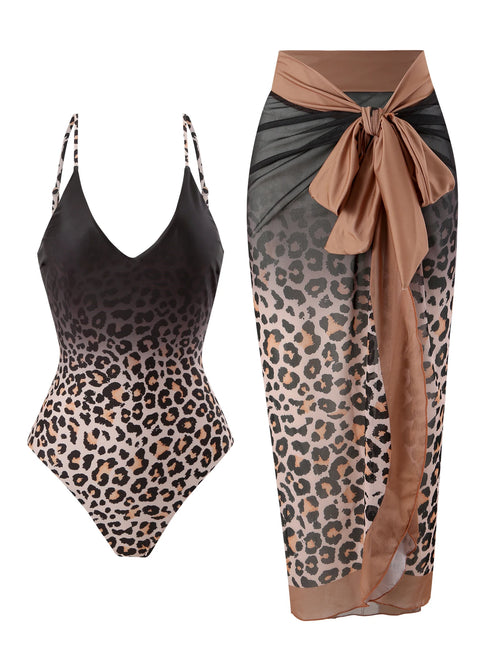 Leopard Print One-Piece Swimsuit with Gauze Skirt