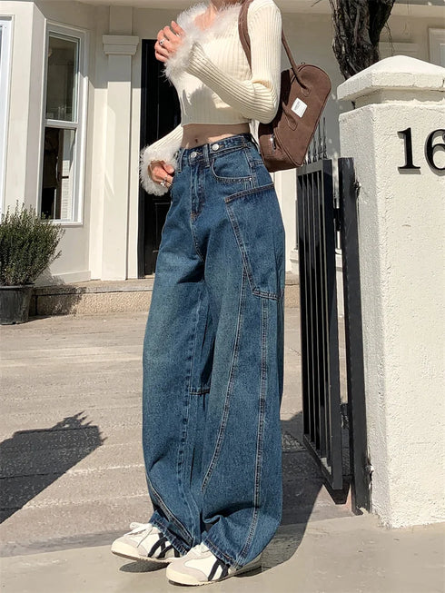 Women's High Waist Wide Leg Denim Jeans in Navy