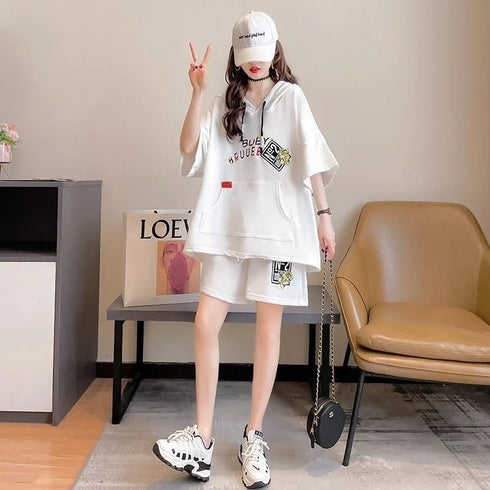 Women's Casual Hooded Cotton Two Piece Set