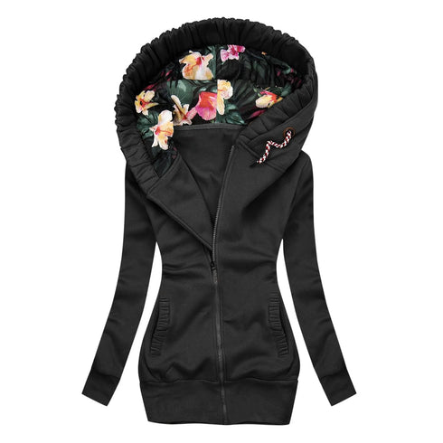 Floral Print Hooded Zipper Jacket in Plus Size