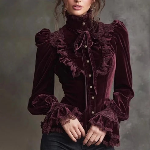 Elegant Women's Velvet Blouse Autumn High Neck Ruffle Lace Trim Flare Sleeve Button Down Top Vintage Party Bowknot Blouse
