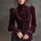 Elegant Women's Velvet Blouse Autumn High Neck Ruffle Lace Trim Flare Sleeve Button Down Top Vintage Party Bowknot Blouse