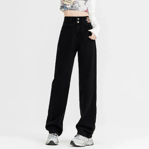 High Waist Denim Jeans with Double Buckle Design