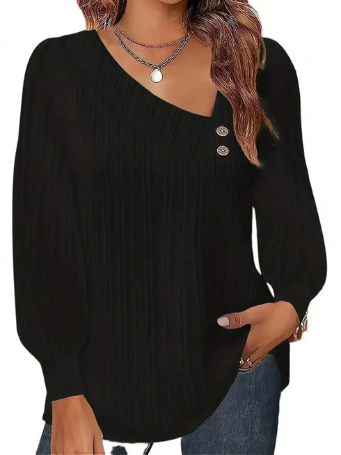 Plus Size Long Sleeve Button-Up Shirt with Skew Collar