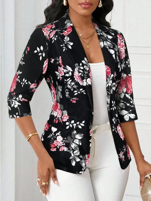 Floral Printed Autumn Blazer with Three Quarter Sleeves