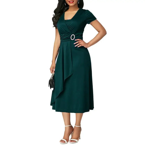 Elegant V Neck Midi Dress with Asymmetric Hem